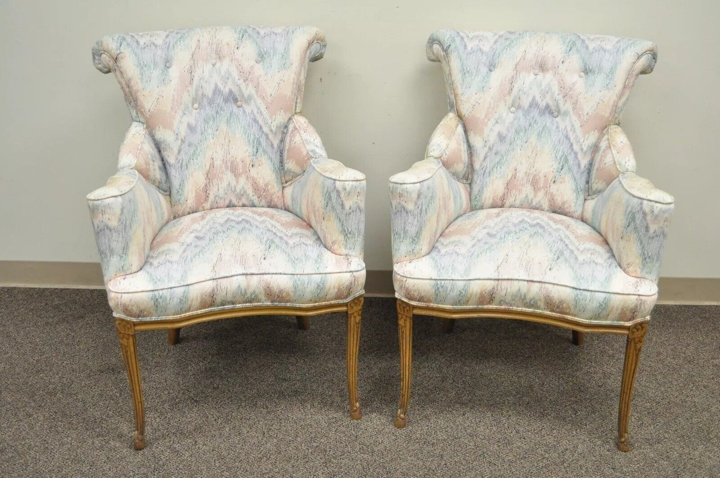 Vintage French Hollywood Regency Rolled Back Fireside Parlor Arm Chairs - a Pair