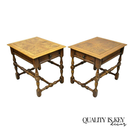 Hekman French Country English Jacobean Oak Burlwood Lamp End Tables - a Pair