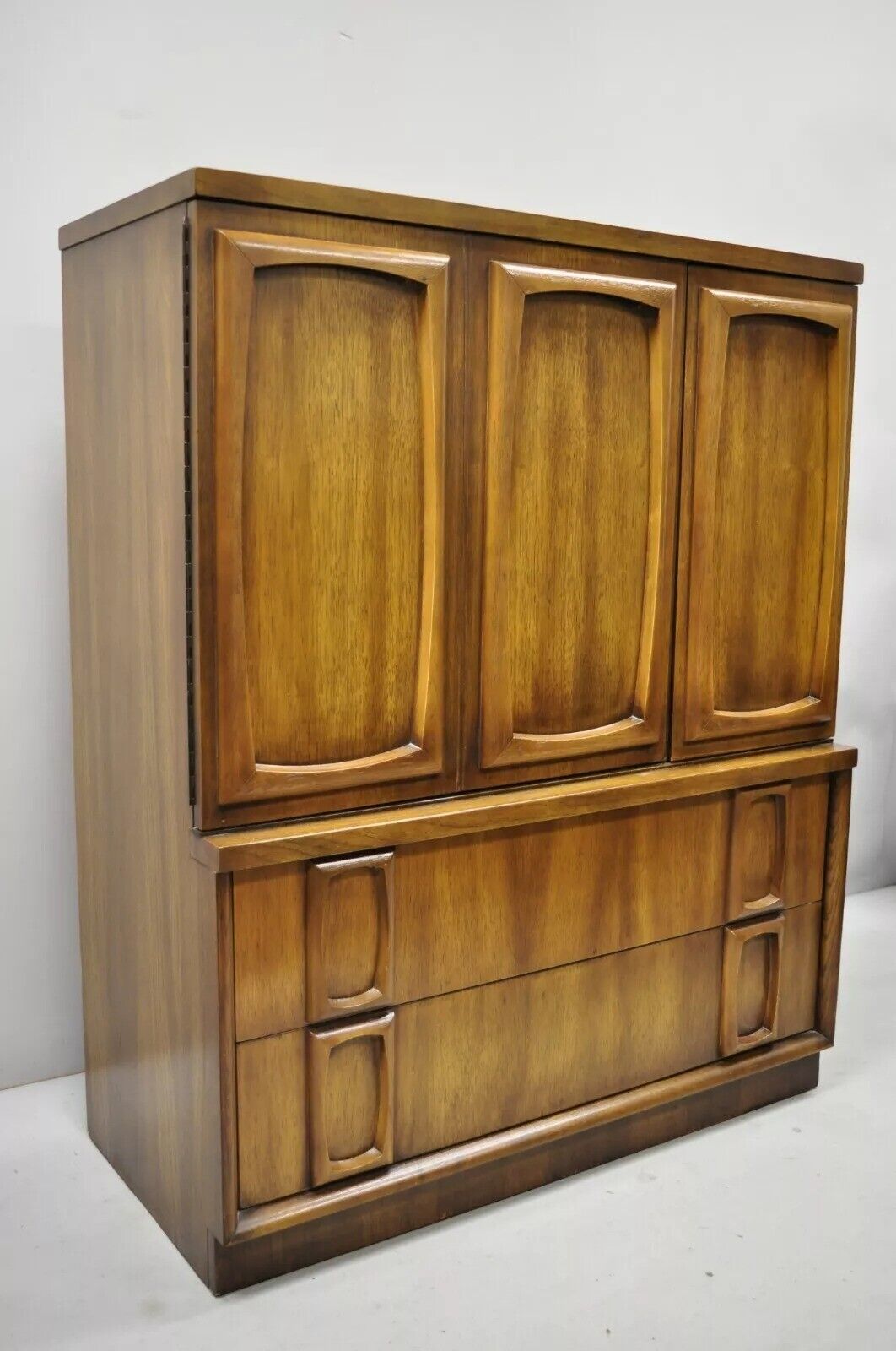 Vintage Mid Century Modern Sculpted Walnut Tall Chest Dresser Armoire Cabinet