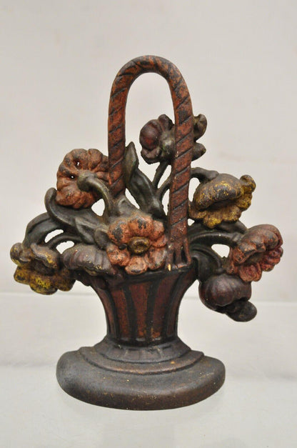 Antique Victorian Red Cast Iron Figural Painted Floral Bouquet Basket Door Stop