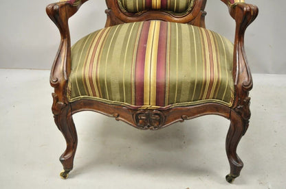 Antique Eastlake Victorian Carved Rosewood Parlor Balloon Back Arm Chair