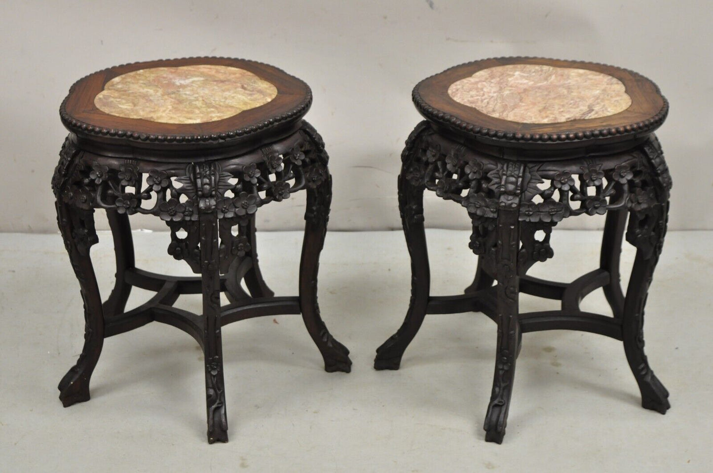 Chinese Carved Hardwood Marble Top Oriental Plant Stand Side Table - a Pair