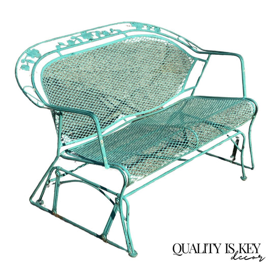 Vintage Victorian Style Green Iron Outdoor Garden Leaf Glider Loveseat Bench