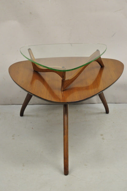 Vintage Mid Century Modern Sculpted Walnut Kagan Style Floating Glass Side Table