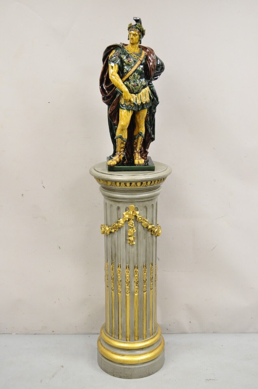 Italian Neoclassical French Empire Grey & Gold Painted Wooden Column Pedestal