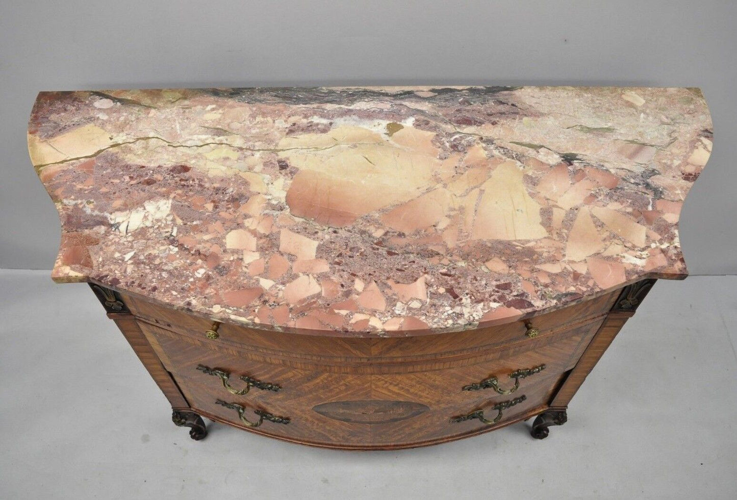 Early 20th C French Louis XV Style Demilune Pink Marble Top Bombe Commode Chest