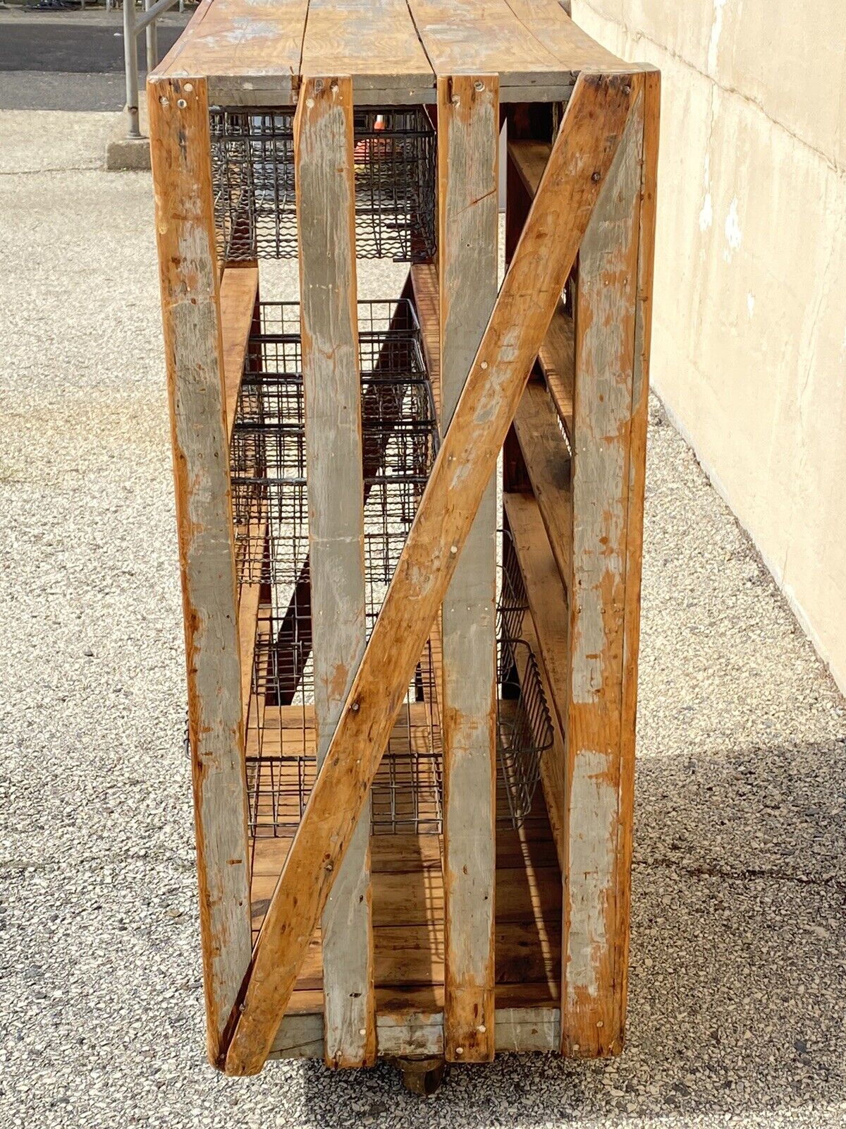 Antique American Industrial Wooden Rolling Shelf Storage Cart Distressed Gray