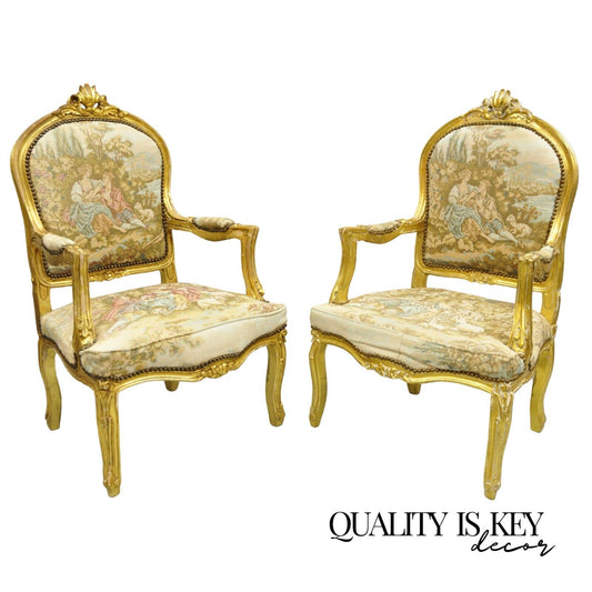 Vintage French Louis XV Style Gold Giltwood Tapestry Fabric Arm Chairs - a Pair