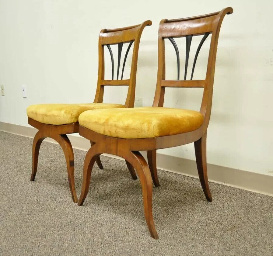 19th C Biedermeier Italian Burl Fruitwood Curule Base Side Chairs - a Pair