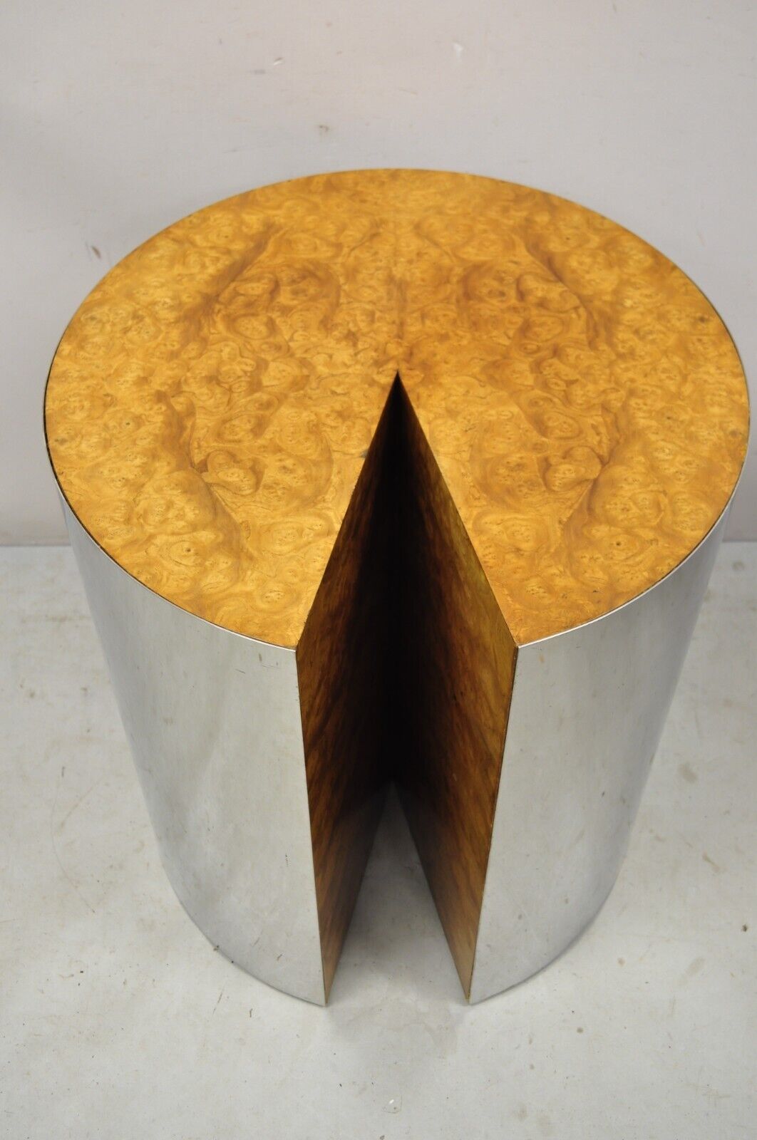 Leon Rosen for Pace Collection "Pac Man" Burlwood and Steel Side Table