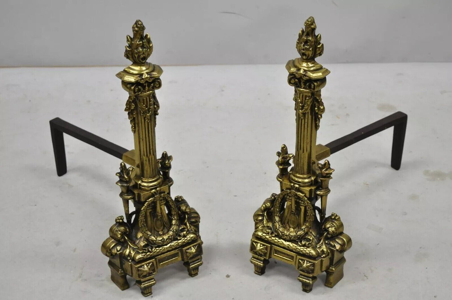 Vintage French Empire Brass Bronze Column Flame Finial Fireplace Andirons - Pair