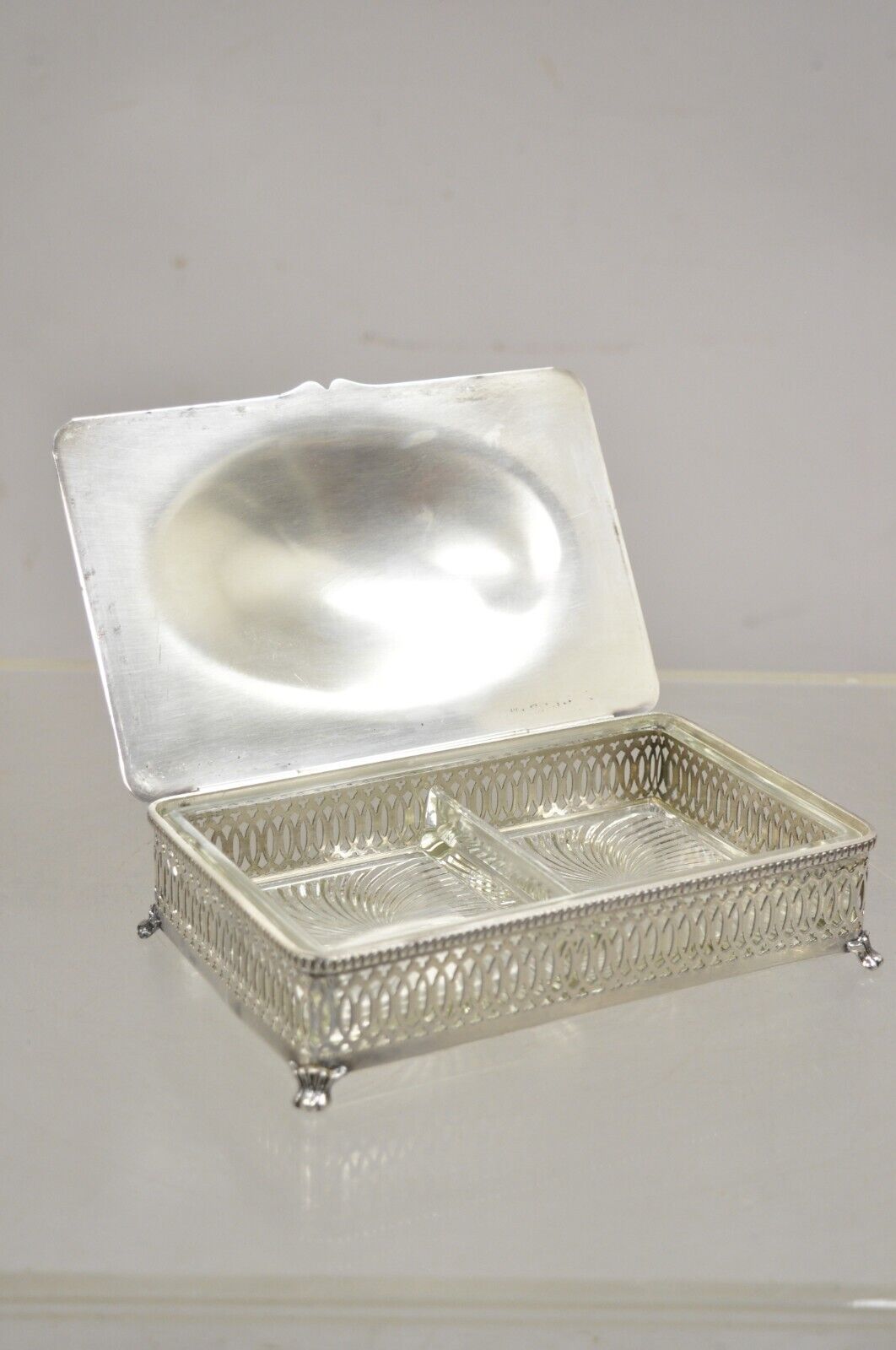 Vintage Crescent Pierced Fretwork Silver Plated Hinged Box Sectioned Glass Liner