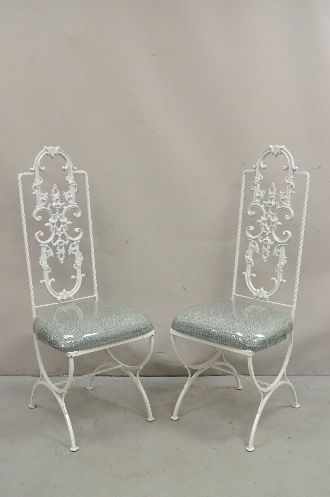 Vintage Hollywood Regency White Ornate Wrought Iron Scroll Dining Set - 5 Pc Set