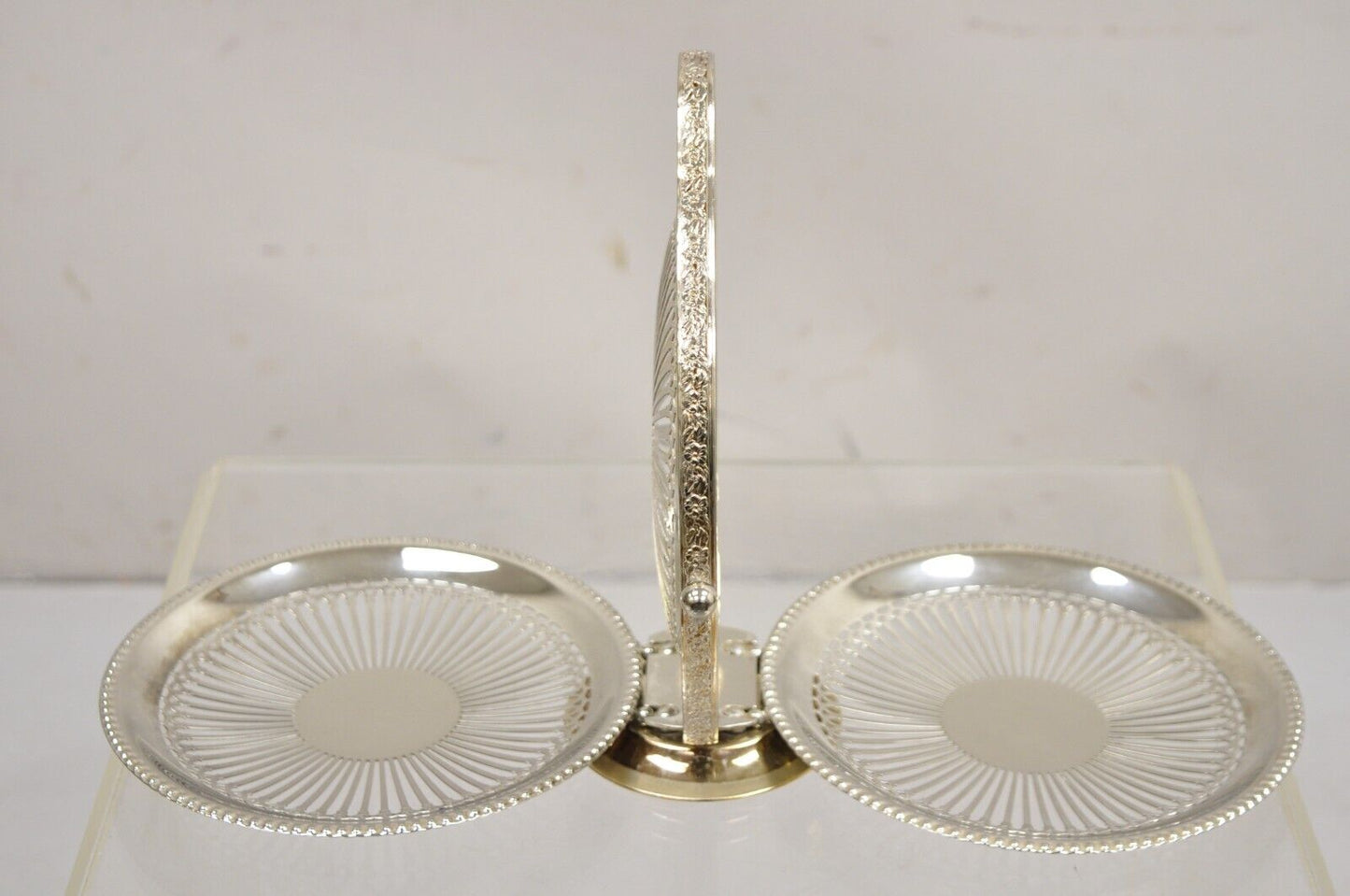 Vintage English Edwardian Style Silver Plated 3 Tier Folding Dessert Tray Stand