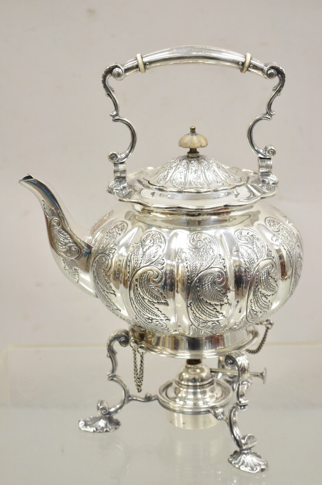 Antique English Victorian PS Co. Silver Plated Tipping Tea Pot on Warming Base