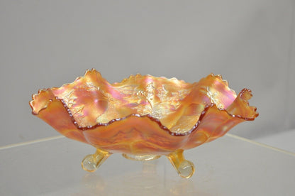 Ruffled Edge Fenton Stag & Holly Carnival Glass Footed Marigold Bowl 11" (A)