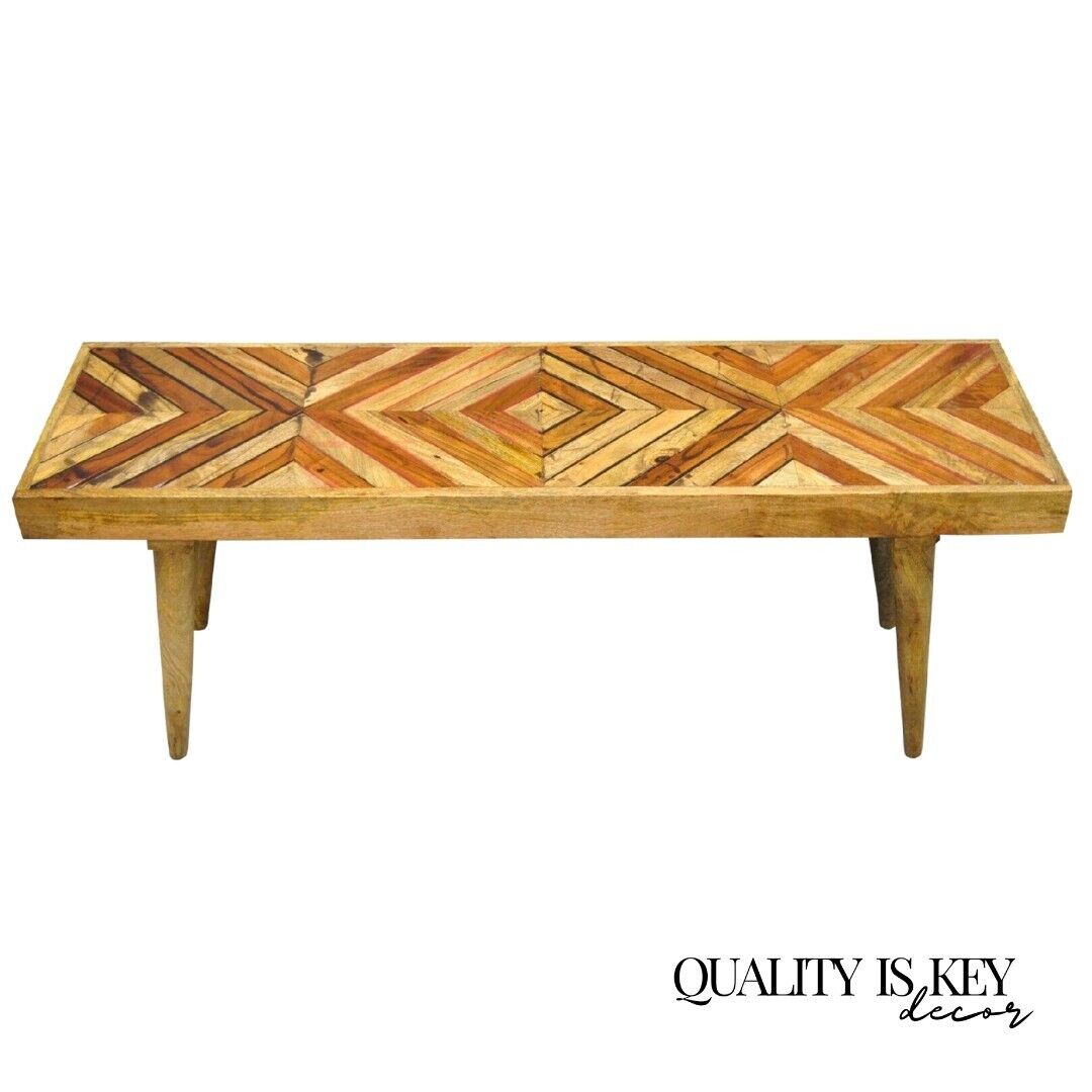 Modern Slatted Wood 48" Geometric Inlay Rustic Farmhouse Coffee Table Bench