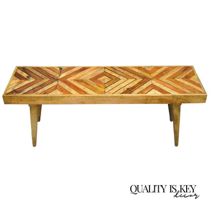 Modern Slatted Wood 48" Geometric Inlay Rustic Farmhouse Coffee Table Bench