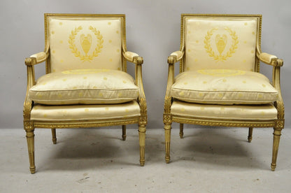 Pair French Louis XVI Neoclassical Gold Silk Fauteuil Parcel Gilt Arm Chairs