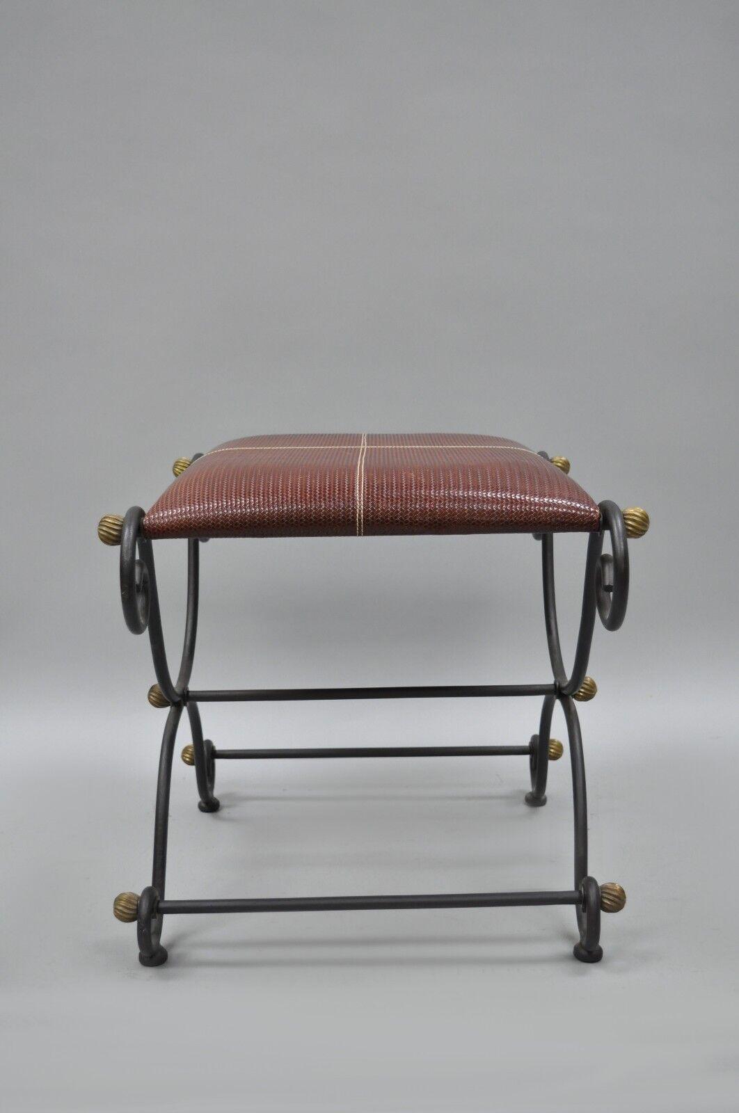 Spanish Regency Style Iron X-Base Curule Bench Stool with Red Woven Leather Seat