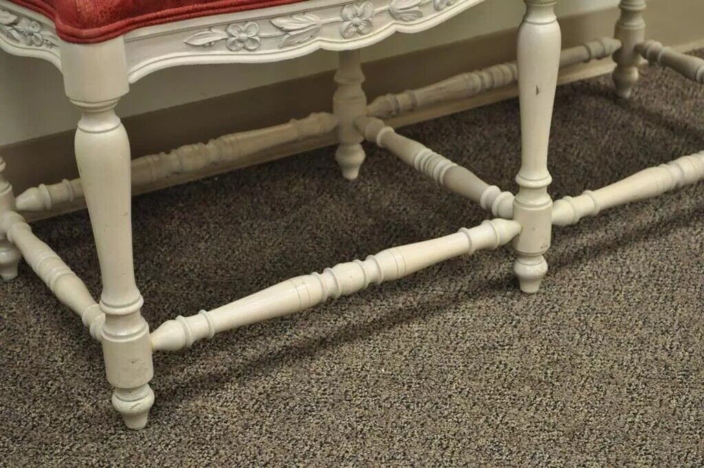 Vintage French Country Style White Carved Wood 6 Leg Upholstered Window Bench