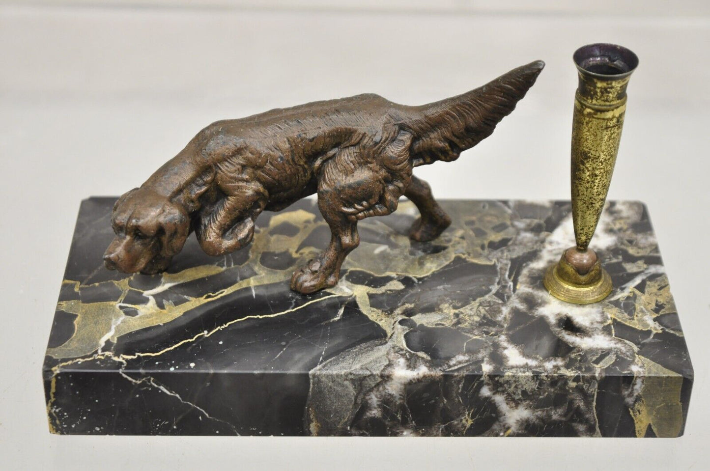 Vintage French Empire Bronze Hunting Dog Marble Base Desk Pen Holder