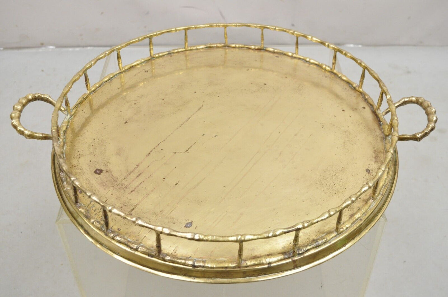 Vintage Hollywood Regency Faux Bamboo Solid Brass Round Serving Platter Tray