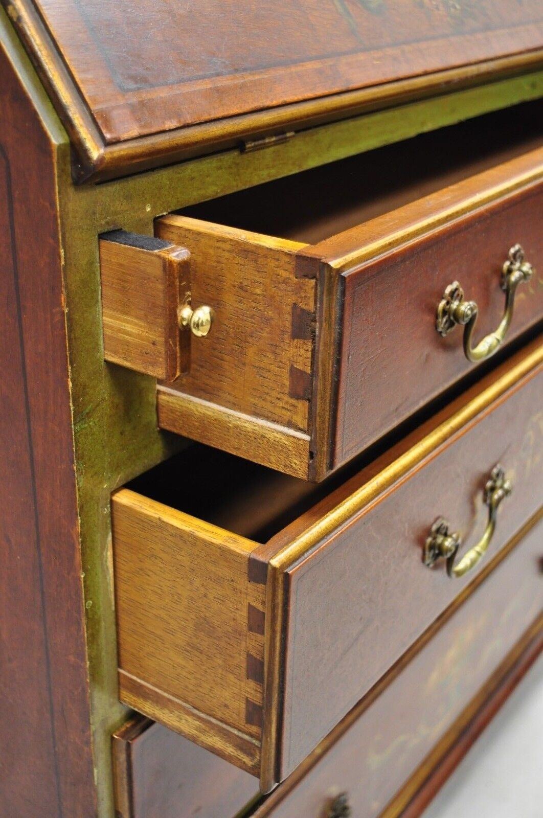 Early 20th C. English Adams Style Hand Painted Double Bonnet Top Secretary Desk