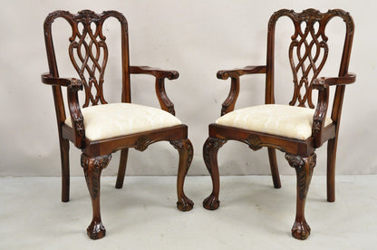 English Chippendale Style Carved Mahogany Ball & Claw Dining Arm Chairs - a Pair