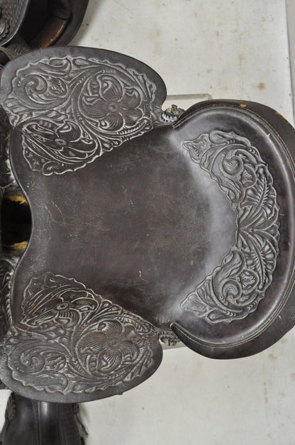 Vintage Brown Tooled Leather Floral Embossed 15" Seat Horse Saddle