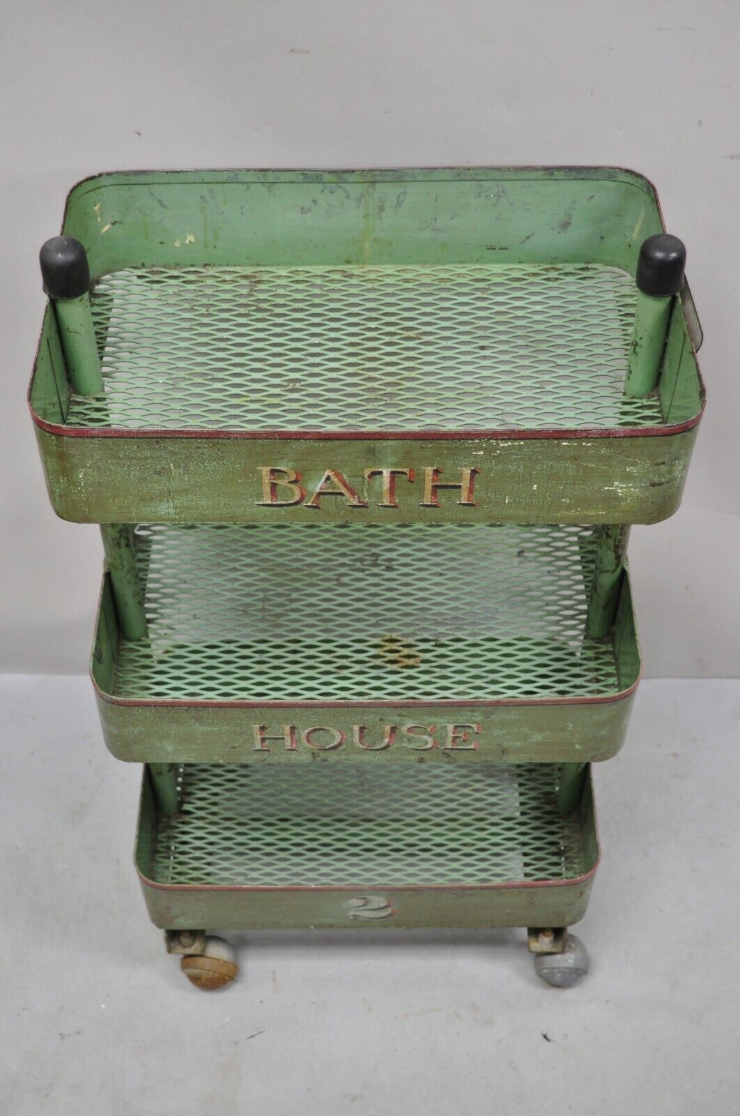 Antique "Bath House 2" Green Painted Metal 3 Tier Rolling Bathroom Trolley Cart