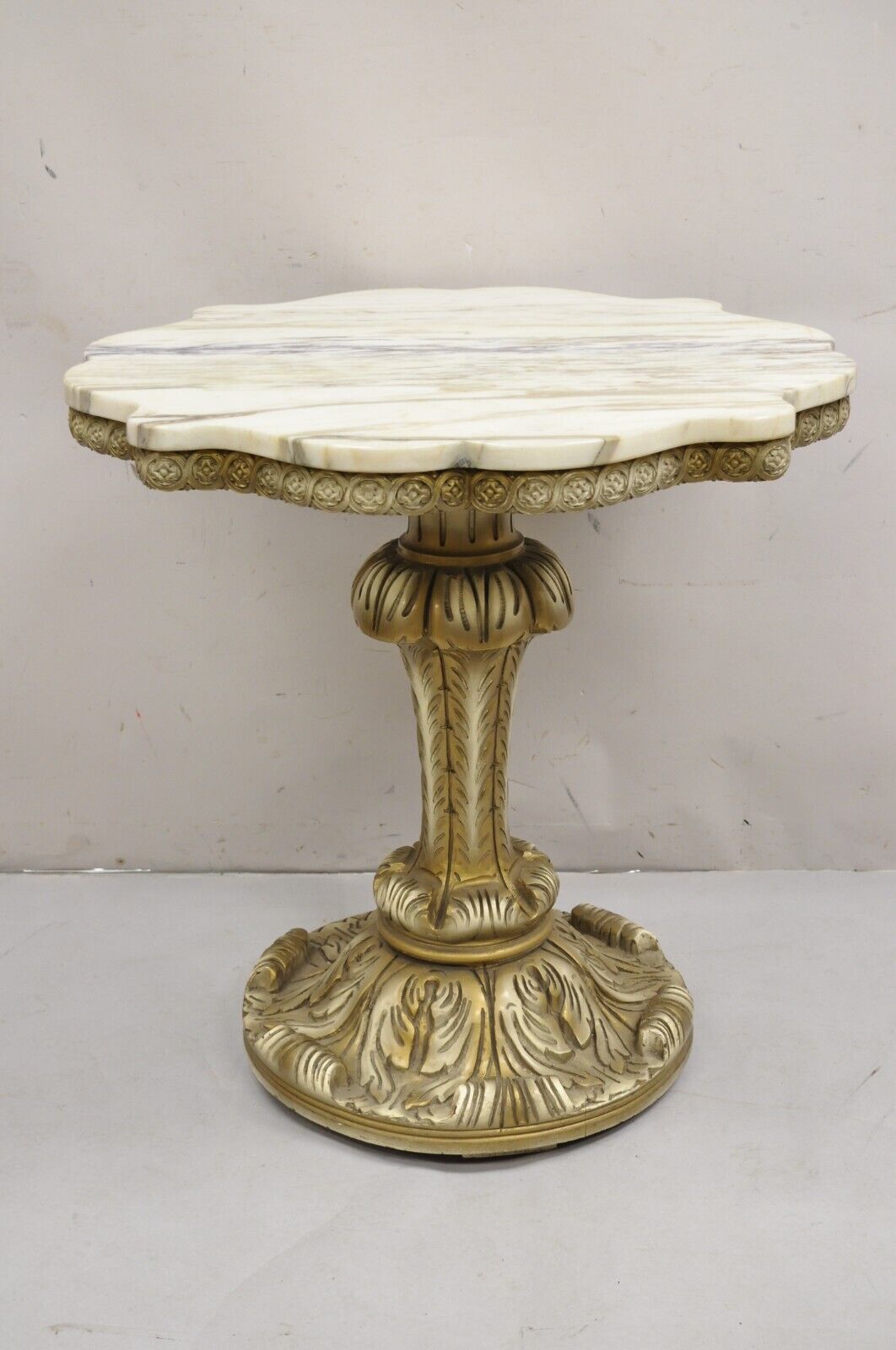 Vintage Hollywood Regency White Gold Plume Carved Pedestal Marble Top Side Table