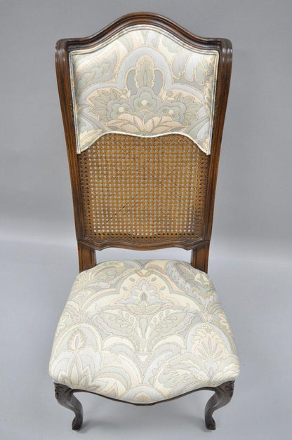 Vintage French Country Louis XV Style High Cane Back Carved Walnut Side Chair