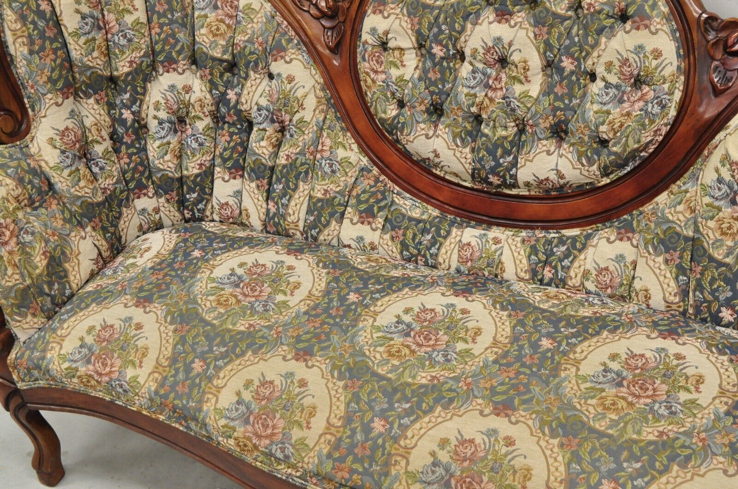 Vintage Victorian Style Cherry Wood Floral Tapestry High Cameo Back Sofa