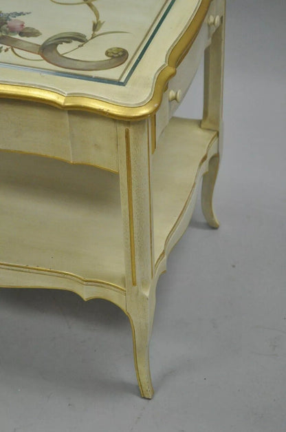 Vintage French Country Provincial Style Floral Painted Cream 1 Drawer End Table