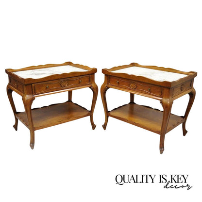 French Country Provincial Style Marble Top Shell Carved Danby End Tables - Pair