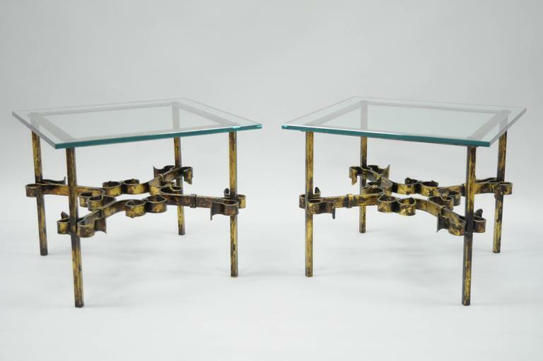 Pair Hollywood Regency Gold Gilt Iron Square Glass Top Brutalist Low End Tables