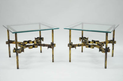 Pair Hollywood Regency Gold Gilt Iron Square Glass Top Brutalist Low End Tables