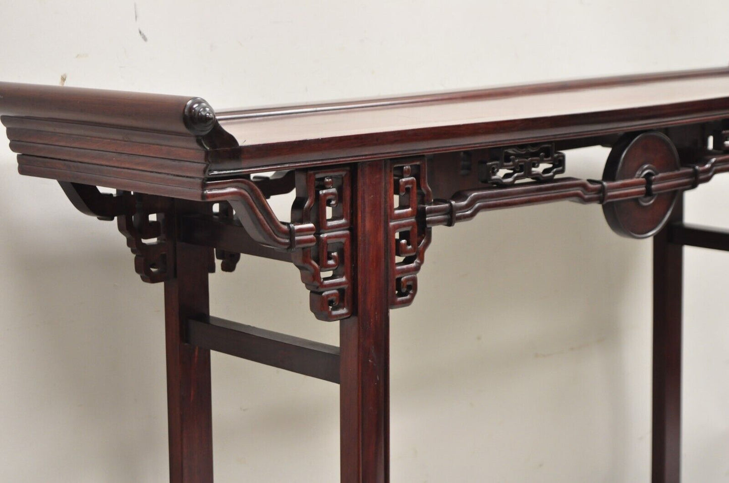 Vintage Chinese Oriental Fretwork Carved Hardwood Altar Console Hall Table