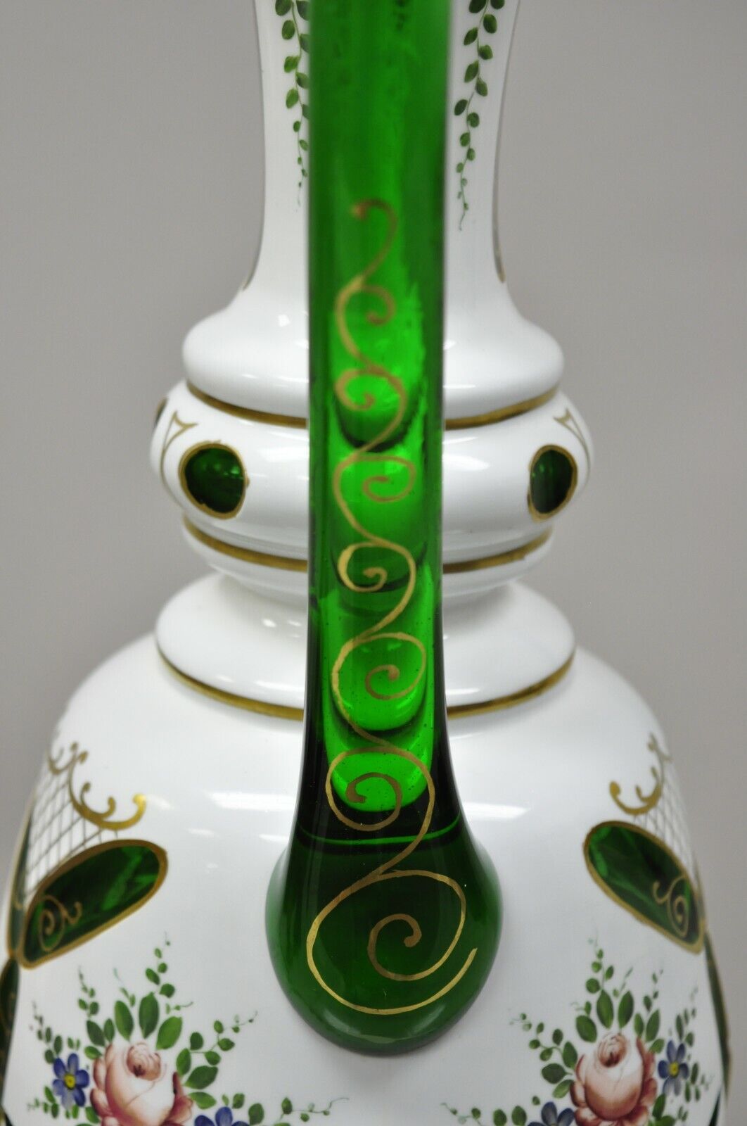 Antique Bohemian Czech Case Glass Green White Urn Ewer Table Lamp