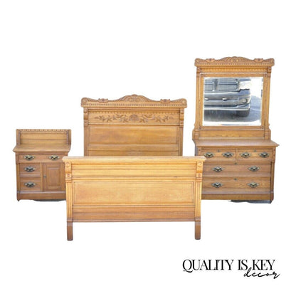 Antique Victorian Oak Bedroom Set Full Size Bed Washstand Dresser - 3 Piece Set