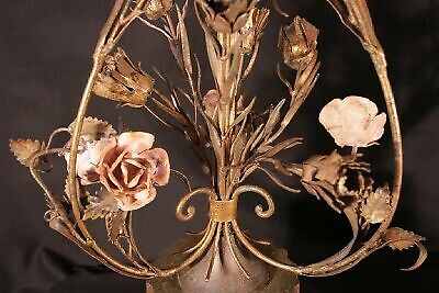 Pair of Antique Italian Tole Metal Hand painted Floral Table Lamps