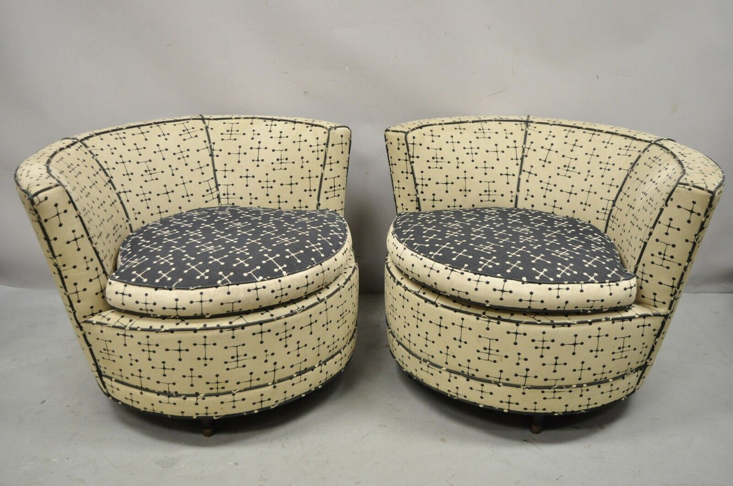 Mid Century Modern Round Upholstered Pearsall Style Club Lounge Chairs - a Pair