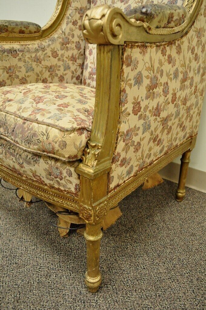 Antique French Louis XVI Victorian Gold Gilt Wood Wing Back Bergere Arm Chair