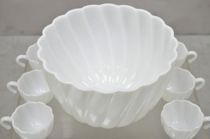 Hazel Atlas White Apline Swirl Punch Bowl Set 9 Hook Handle Cups - 10 pcs