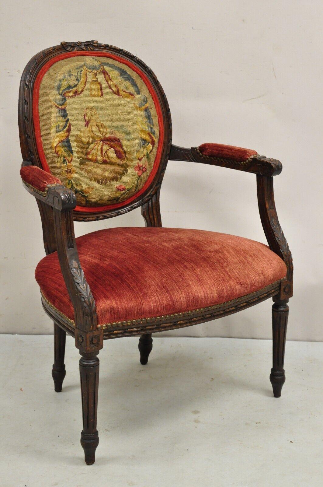 Antique French Louis XVI Style Carved Walnut Needlepoint Red Fauteuil Arm Chair