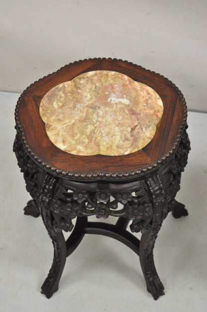 Chinese Carved Hardwood Marble Top Oriental Plant Stand Side Table - a Pair