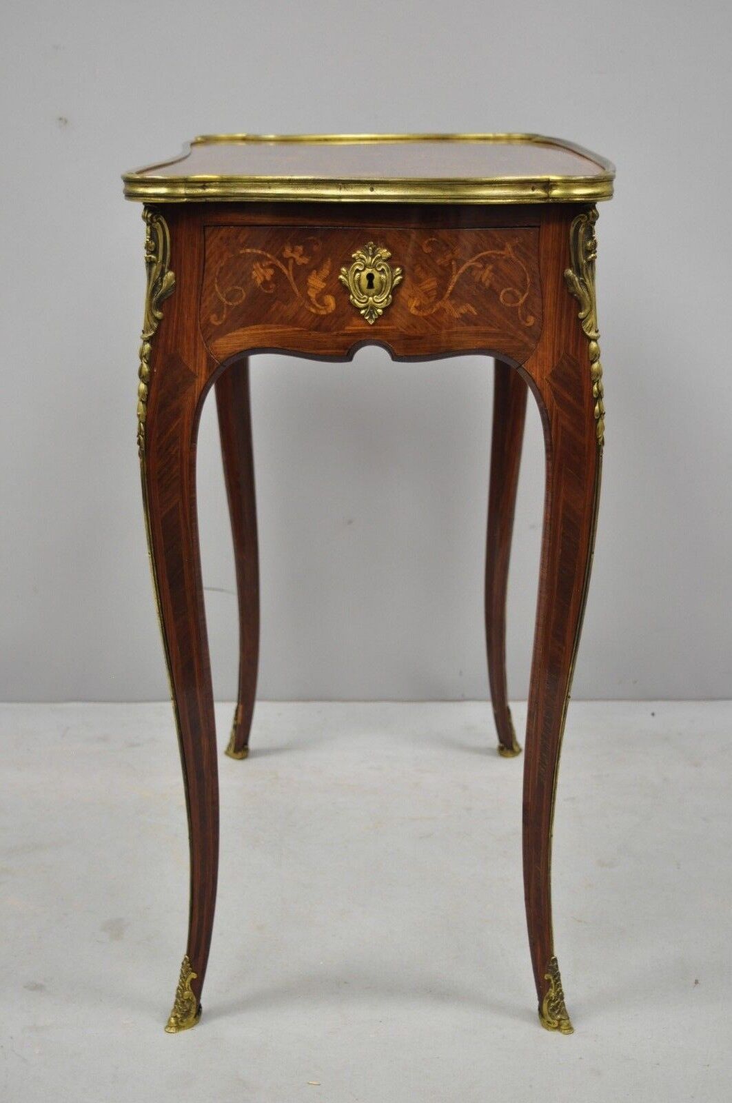 C. Mellier & Co London French Louis XV Style 2 Drawer Inlay & Leather Side Table