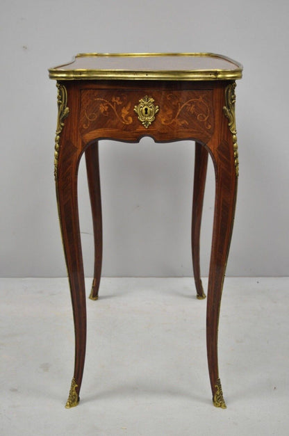 C. Mellier & Co London French Louis XV Style 2 Drawer Inlay & Leather Side Table