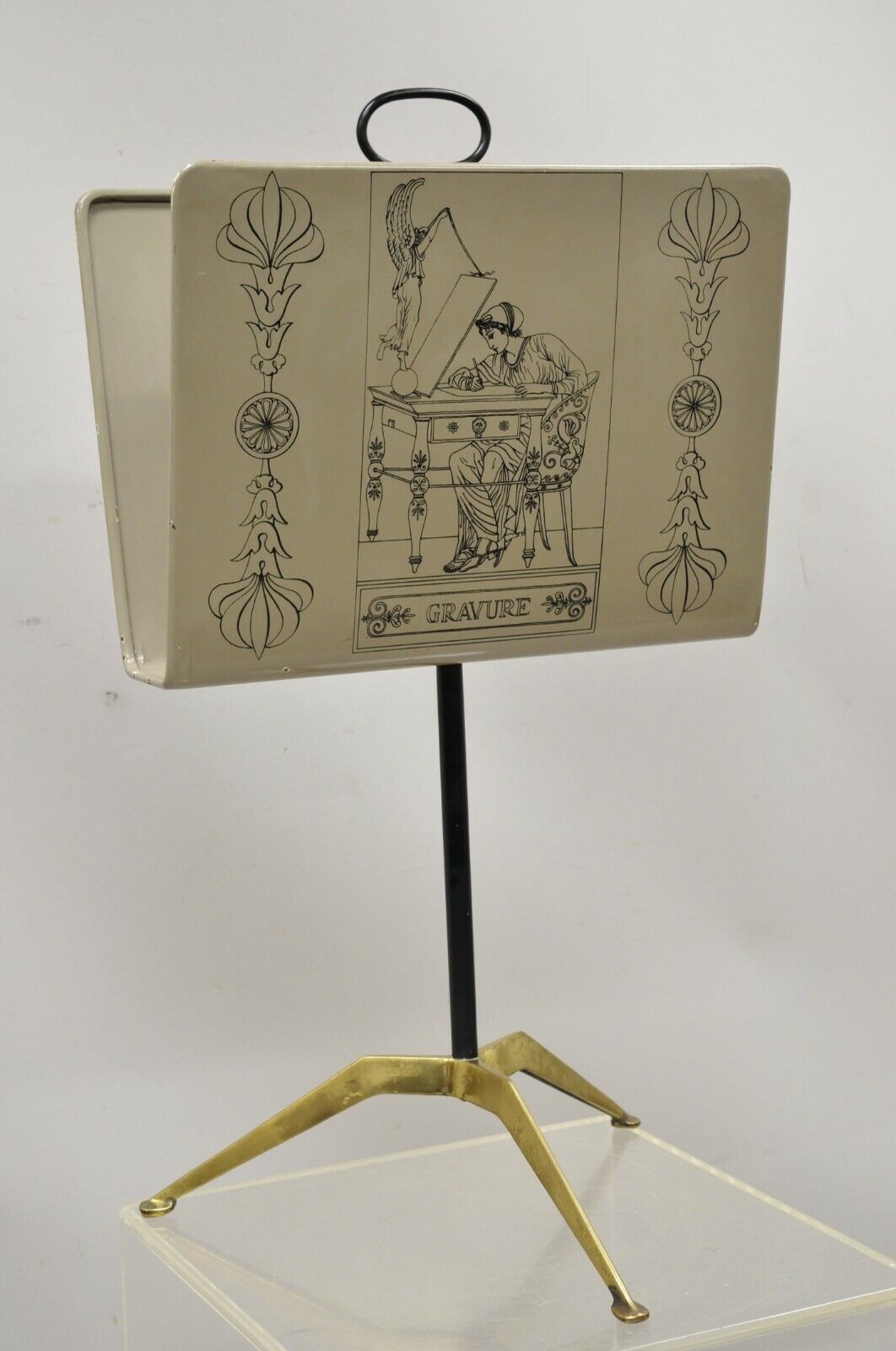 Piero Fornasetti Gravure Italian Mid Century Modern Magazine Rack Brass Stand